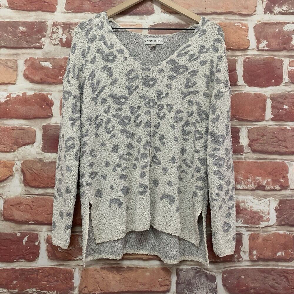 Knox Rose Sweater Women's Medium White Gray Animal Print Popcorn Knit Popover